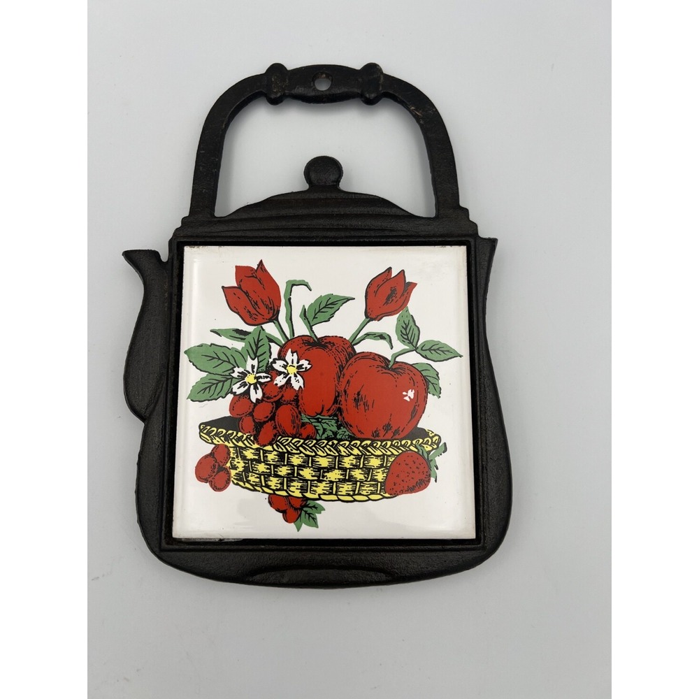 Vtg Cast Iron Trivet w/ Decorative Ceramic Tile Floral Fruit Basket TeaPot Shape